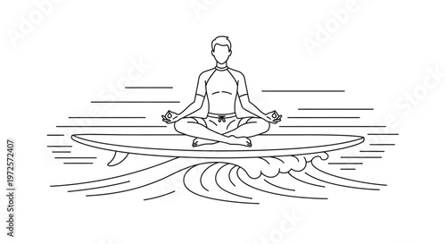Man meditating on a surfboard in the ocean with waves and abstract lines representing movement