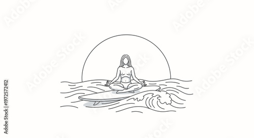 Serene woman meditating on a surfboard in the ocean at sunset, minimalist line art illustration