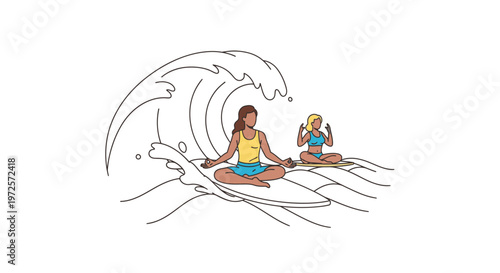 Two women practicing yoga and meditation on surfboards in the ocean with a large wave behind them