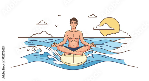 Man meditating in lotus position on a surfboard in the ocean, serene, peaceful, mindfulness, yoga, wellness, healthy lifestyle