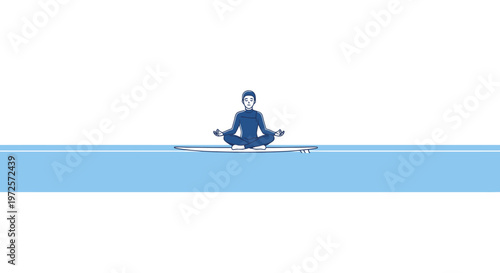 Man meditating in lotus pose on a paddleboard in calm blue water, symbolizing peace and mindfulness