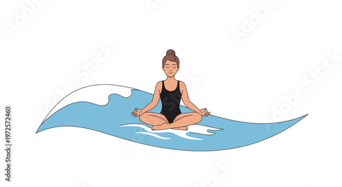 Woman practicing yoga meditation in lotus position on a wave, serene and balanced