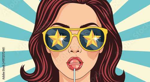 Stylish woman with red hair licking a lollipop and wearing yellow sunglasses with stars reflecting in the lenses in pop art style.
