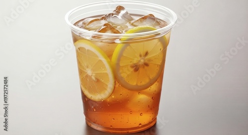 Refreshing iced tea in a clear plastic cup with sliced lemon rounds and ice cubes inside the drink