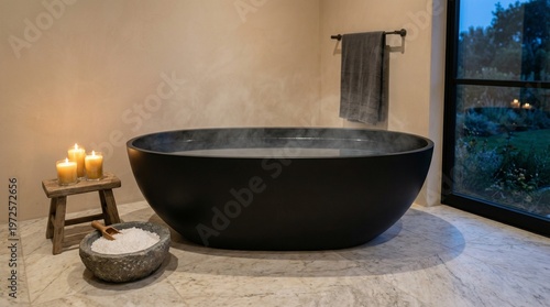 A serene bathroom with a large black bathtub and candles