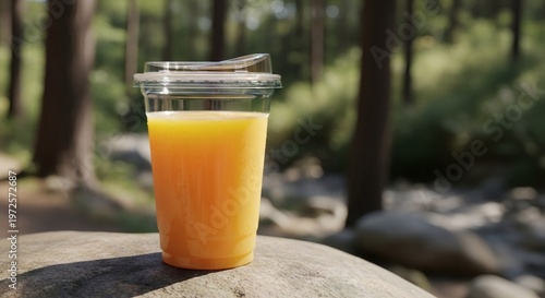 Orange juice in a clear plastic cup with a lid resting on a rock near a forest stream