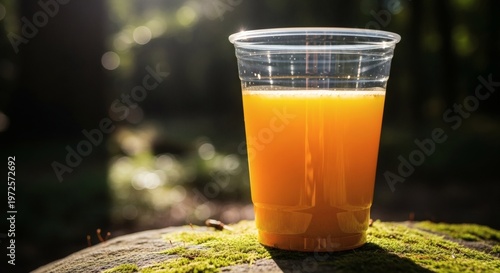 Bright orange juice in a clear plastic cup placed on a mossy rock in a lush green forest