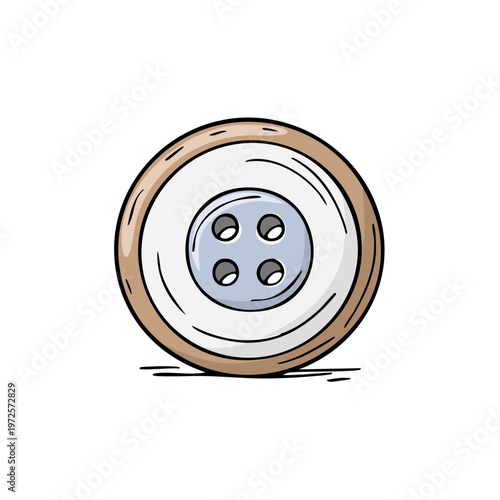 Hand drawn illustration of a single round sewing button with four holes and a tan border