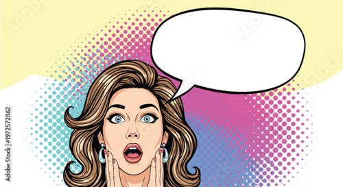 Surprised woman with her hands on her cheeks and a blank speech bubble in a vibrant pop art comic book style illustration.