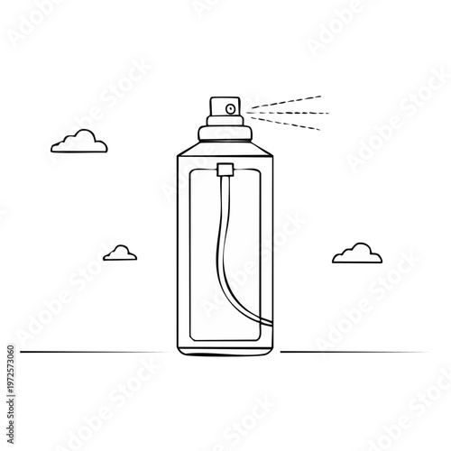 Aerosol spray can dispensing mist against a cloudy sky background line art