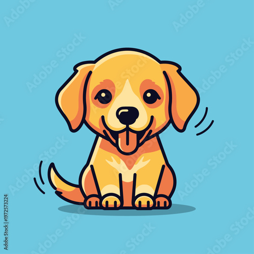 An endearing flat design illustration depicts a cheerful chibi dog, a golden retriever, sitting happily with its tail wagging, exuding warmth and friendliness.