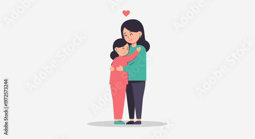 A heartwarming flat design illustration depicting a mother and child in a tender embrace, symbolizing love and connection. This minimalist 2D vector graphic is perfect for celebrating maternal bonds.