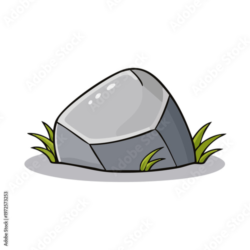 Smooth gray cartoon rock with green grass sprouts emerging from the earth