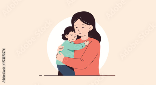 A heartwarming flat design illustration depicting a mother and child in a tender embrace, symbolizing love and connection. This minimalist 2D vector graphic is perfect for celebrating maternal bonds.