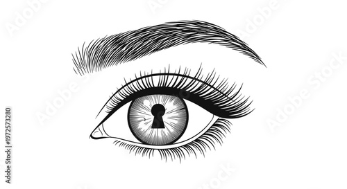 Detailed black and white line art drawing of a human eye with a keyhole shape in place of the pupil on a plain white background.