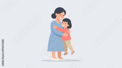 A heartwarming flat design illustration depicting a mother and child in a tender embrace, symbolizing love and connection. This minimalist 2D vector graphic is perfect for celebrating maternal bonds.