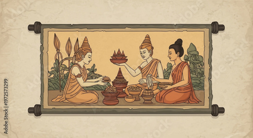 Serene illustration on a vintage scroll portraying a traditional Southeast Asian offering ritual, highlighting ancient customs and spiritual devotion within a rich cultural narrative