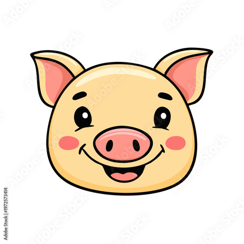Happy cartoon pig face with rosy cheeks and wide smile in friendly illustration style