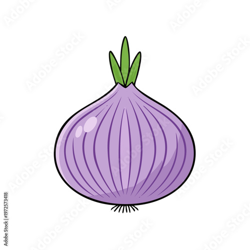 Vibrant illustration of a single ripe red onion with green sprouts against a clean backdrop