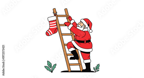 Santa Claus climbing a wooden ladder to hang a large red and white striped Christmas stocking on a plain white background.