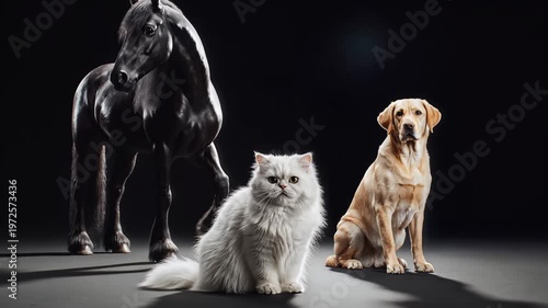 Portrait of Horse, Dog, and Cat Together in Dark Studio Setting.
