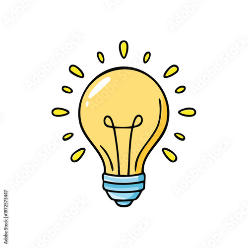 Bright yellow cartoon light bulb with radiating glow and glowing filament