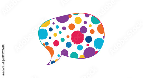 Speech bubble filled with many colorful dots in various sizes creating a vibrant and playful communication concept on white.