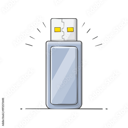 Simple illustration of a sleek metallic USB flash drive with a bright yellow connector glowing slightly