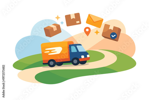 Delivery Truck Transporting Packages and Mail on a Winding Road.