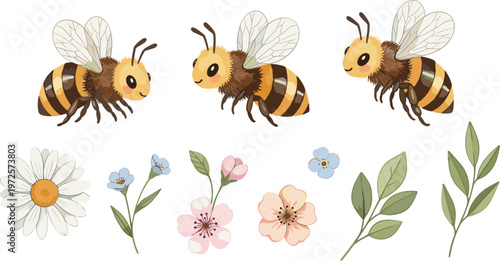 Adorable Set of Bees with Flowers and Leaves for Spring and Nature-Themed Designs