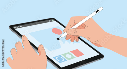 Close up view of hands using a white stylus to draw shapes on a digital tablet screen for a creative project or design task.