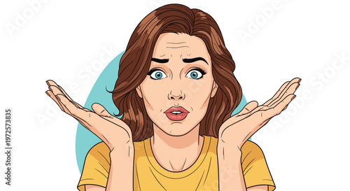 Confused young woman with brown hair raises her hands in uncertainty and looks surprised against a simple circular background in pop art style.
