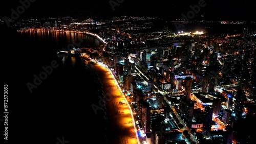 Konstfotografi Aerial nocturne view of the skyscrapers of Levante Beach and city center in the Mediterranean city of Benidorm, Spain