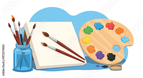 Artistic arrangement includes a blank canvas paintbrushes in a water jar and a wooden palette filled with various colorful paint blobs.