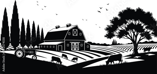 Farm barn illustration, tractor in field, cows grazing pasture, cultivated crops landscape, countryside rural scene, black and white vector artwork design