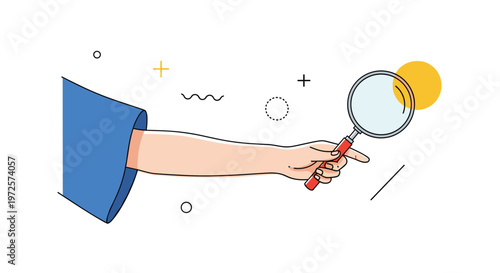 Person holds a magnifying glass with a red handle to inspect a small yellow circle against a minimalist background of simple shapes.