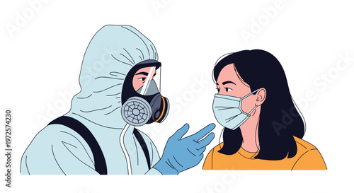 Professional worker in a full protective hazmat suit and respirator talks to a young woman wearing a medical mask for safety and health.
