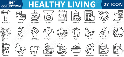 Healthy living icon set outline style icon set collection vector illustration