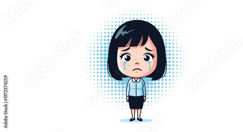Cute cartoon character of a young woman with short black hair standing and crying with large tears running down her sad face.