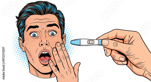 Shocked man with wide eyes and open mouth holds his hand to his face while looking at a positive pregnancy test held by another person.