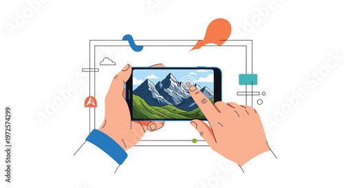 Hands hold a smartphone showing a mountain landscape while a finger touches the screen to interact with the displayed map.