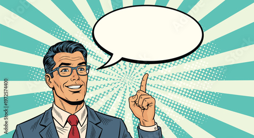 Smiling man in a suit and glasses points his finger upwards next to an empty speech bubble on a retro teal sunburst background.