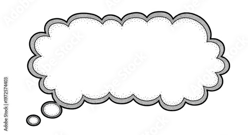Speech bubble with a fluffy cloud like edge is created using many tiny black dots for a unique stippled or pointillism effect.
