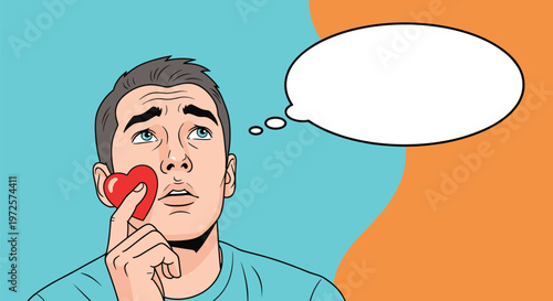 Thoughtful man holds a small red heart to his chin while looking up at an empty thought bubble against a blue and orange background.