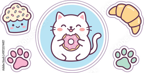 Kawaii vector sticker set showing smiling white cat holding pink donut and cupcake croissant paw icons in pastel flat outline
