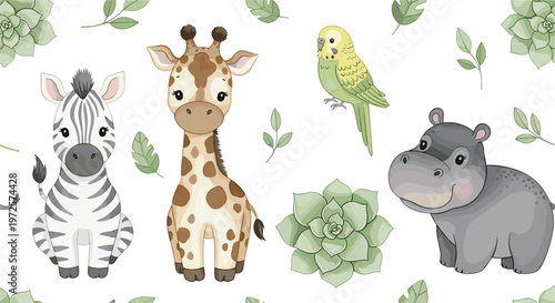 Cute Animal Vector Set with Giraffe, Zebra, Hippo, Parrot, and Succulent Plants for Kids and Nature Themes