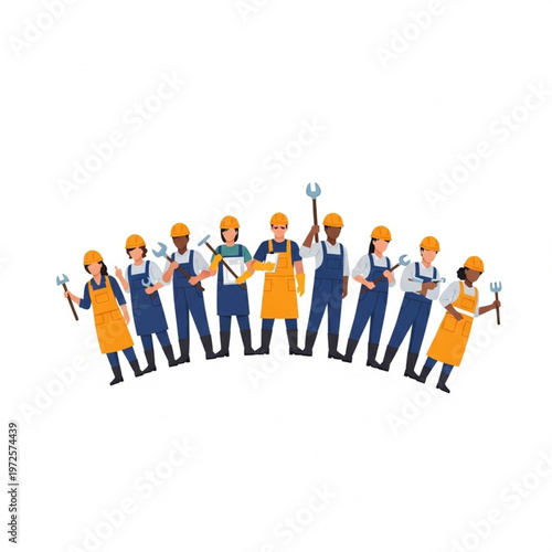 A diverse assembly of skilled workers in uniform, holding tools, symbolizing teamwork, collaboration, and the essential contributions of various trades to society