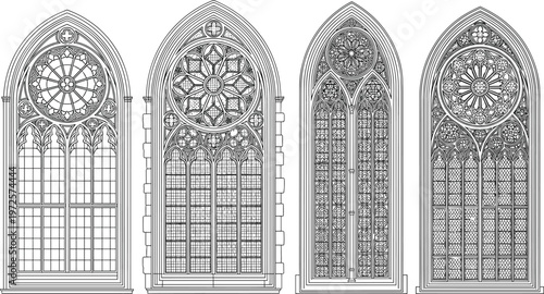Gothic stained glass window designs, medieval cathedral tracery, ornate rose patterns, pointed arches, intricate geometric lattice panels, decorative symmetrical architecture illustration vector art