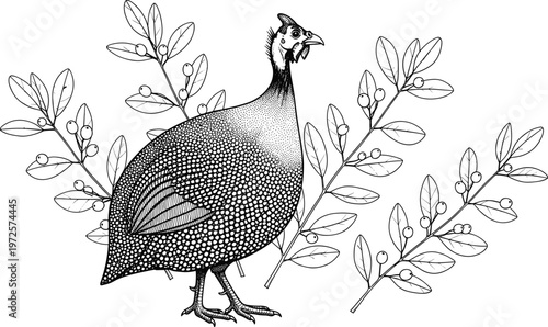 Guinea fowl bird illustration, detailed vector artwork with speckled plumage, natural foliage and berries, wildlife drawing, intricate line art, realistic animal design