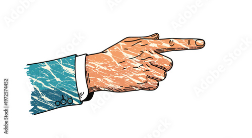 Vintage style illustration of a hand in a blue suit sleeve points towards the right with a worn and textured paper appearance.